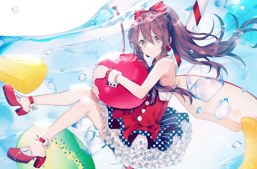 1girl boots bow brown_hair cherry dress earrings food frilled_dress frills fruit gocoli hair_between_eyes hair_tie ice ice_cube idolmaster idolmaster_shiny_colors jewelry kiwi_slice long_hair looking_at_viewer oosaki_tenka ponytail red_bow red_dress red_footwear sidelocks simple_background solo submerged tareme tied_hair white_background wrist_cuffs yellow_eyes