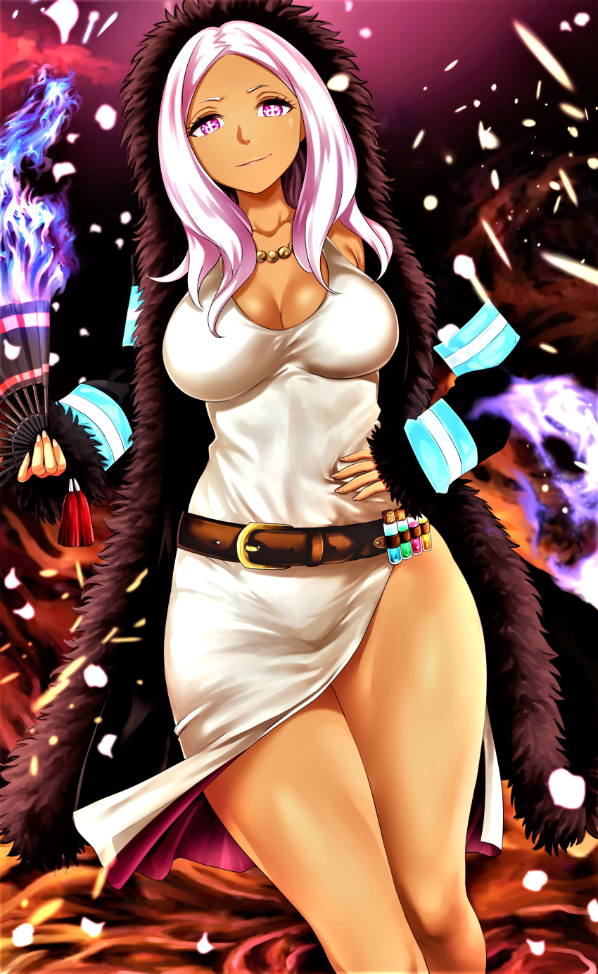 1girl absurdres belt breasts brown_belt cherry_blossoms cleavage_cutout coat collarbone commentary_request curvy dark_skin dress en'en_no_shouboutai fan fire from_below fur_coat grin hand_on_own_stomach hibana_(enen_no_shoubotai) highres holding holding_fan large_breasts long_hair looking_at_viewer open_clothes open_coat pink_eyes pink_hair side_slit smile solo07450075 standing tan thighs vial white_dress