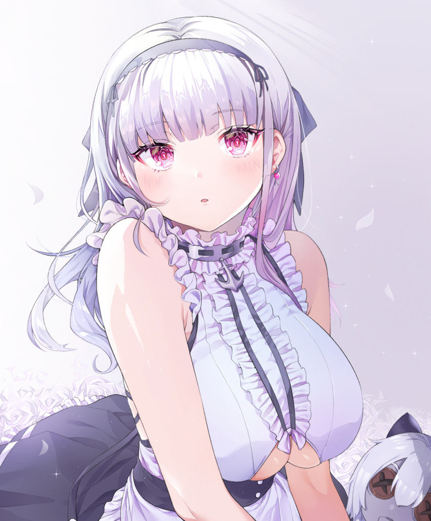 1girl :o anchor apron azur_lane bangs bare_shoulders black_hairband black_skirt blunt_bangs blush breasts button_eyes center_frills cpqm dido_(azur_lane) doll earrings eyebrows_visible_through_hair flower frilled_apron frilled_skirt frills hairband high-waist_skirt highres jewelry large_breasts long_hair looking_at_viewer parted_lips petals pink_eyes rose shirt silver_hair skirt sleeveless sleeveless_shirt solo under_boob underboob_cutout waist_apron white_apron white_flower white_rose white_shirt