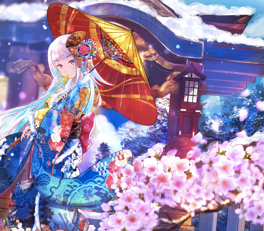absurdres anan architecture bird blue_kimono blue_sky branch cherry_blossoms clouds day east_asian_architecture eyebrows_visible_through_hair floral_print flower hair_ornament highres holding holding_umbrella huge_filesize japanese_clothes kimono landscape lize_helesta long_hair mouth_hold multicolored_hair nijisanji obi oriental_umbrella original outdoors print_kimono red_eyes sash shrine sky snow standing torii tree tree_branch two-tone_hair umbrella white_hair