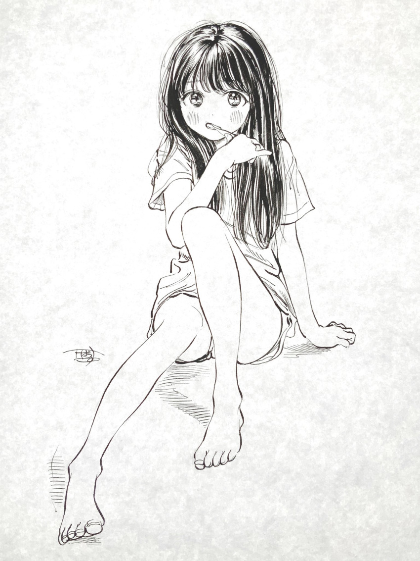 1girl bangs barefoot blush brushing_teeth commentary_request feet full_body greyscale highres hiro_(dismaless) holding knee_up legs long_hair looking_at_viewer monochrome original shirt short_shorts short_sleeves shorts signature sitting solo toothbrush very_long_hair