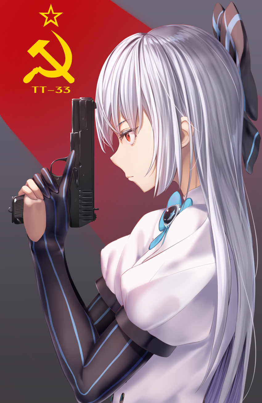 1girl absurdres banner black_bow blue_bow blue_stripes bow bowtie brooch buttons character_name commentary_request dress elbow_gloves eyelashes from_side girls_frontline gloves gun hair_bow hammer_and_sickle handgun highres holding holding_gun holding_weapon jewelry juliet_sleeves long_hair long_sleeves looking_ahead partly_fingerless_gloves puffy_sleeves red_eyes short_sleeves solo striped striped_bow takechii_(user_fpya5735) tokarev_(girls_frontline) tokarev_tt-33 trigger_discipline tsurime upper_body vertical-striped_gloves very_long_hair weapon white_dress white_hair