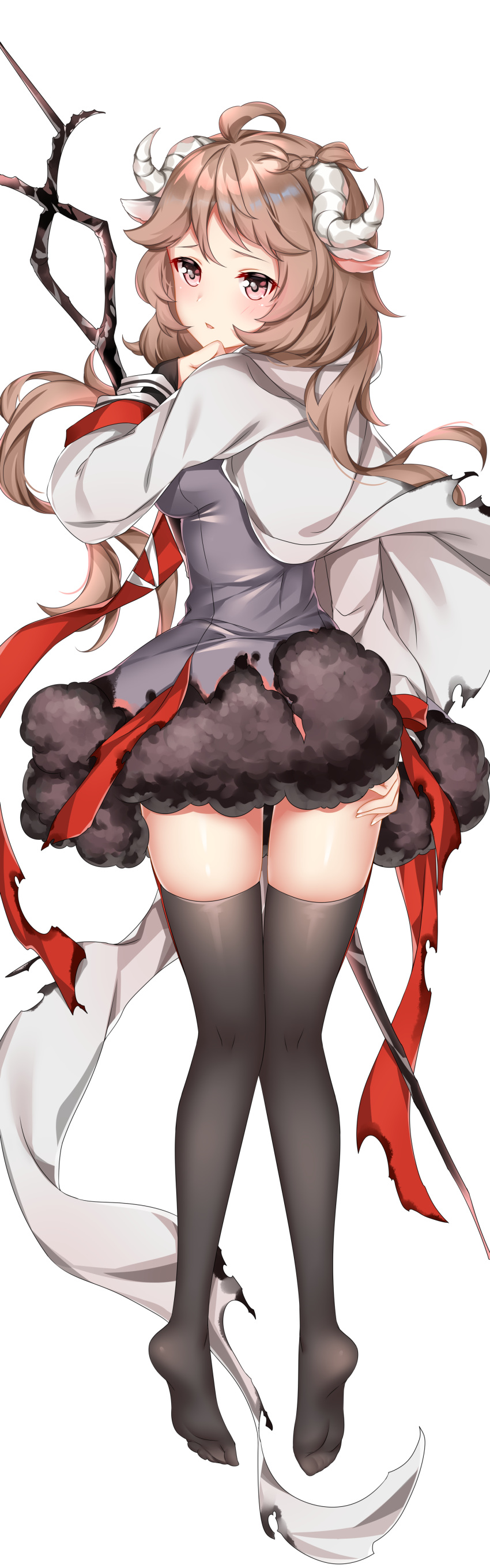 absurdres animal_ears arknights artist_request black_legwear dakimakura dress eyjafjalla_(arknights) feet goat_horns highres horns mask_around_neck respirator sheep_ears skirt skirt_lift thigh-highs torn_clothes transparent_background weapon