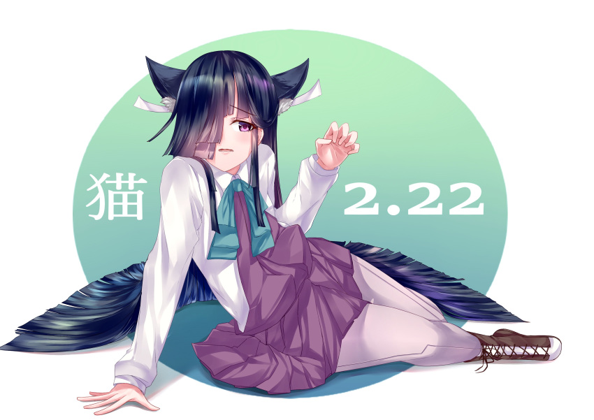 001machi 1girl absurdres animal_ears bangs black_hair blunt_bangs boots bow bowtie cat_ears circle claw_pose commentary_request cross-laced_footwear curled_fingers dated grey_legwear hair_over_one_eye halterneck hayashimo_(kantai_collection) highres kantai_collection kemonomimi_mode lace-up_boots long_hair looking_at_viewer pantyhose red_eyes school_uniform shirt sitting solo very_long_hair white_background white_shirt yokozuwari