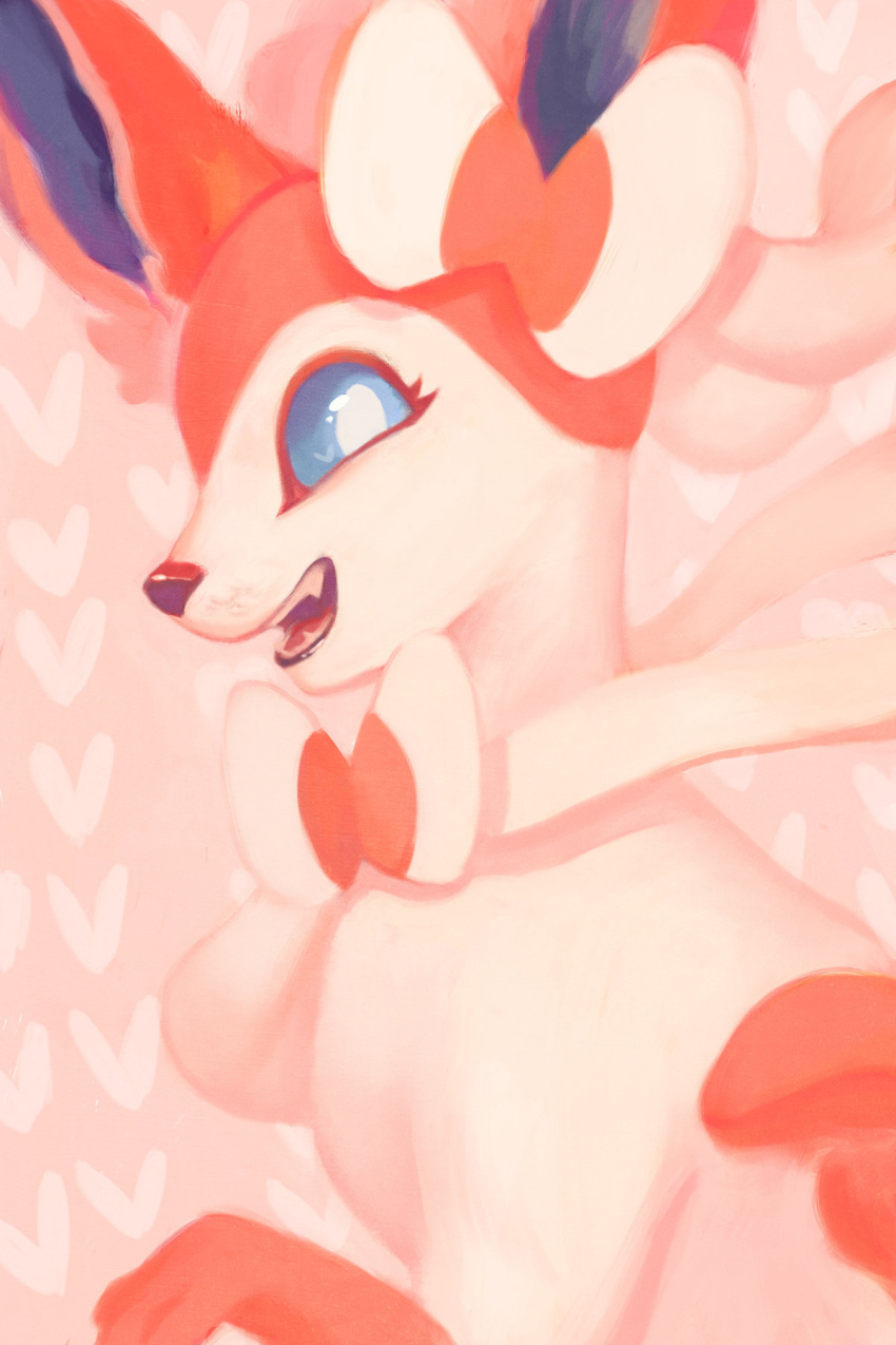 :d blue_eyes creature eyelashes fangs from_side gen_6_pokemon highres looking_at_viewer no_humans open_mouth orcaowl pokemon pokemon_(creature) profile signature smile solo sylveon