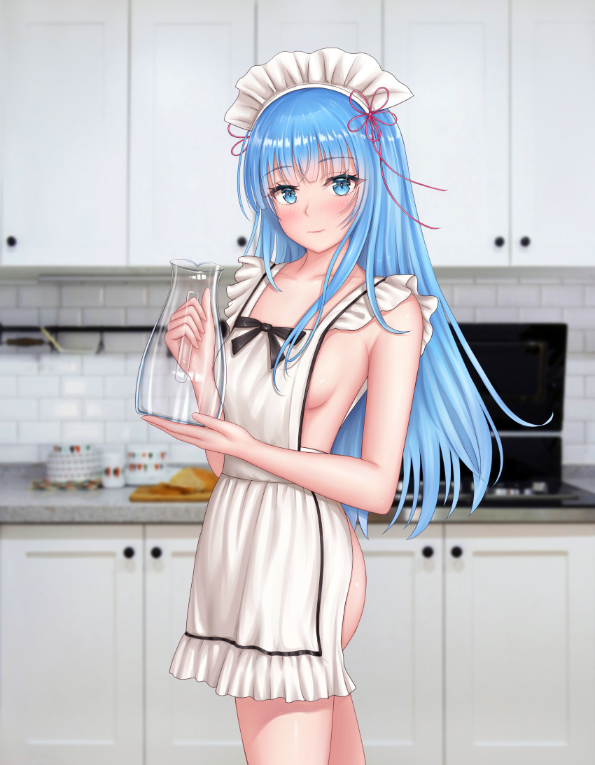 1girl absurdres apron blue_eyes blue_hair bottle commentary hair_ribbon highres kitchen long_hair looking_at_viewer maid maid_headdress naked_apron original red_ribbon ribbon solo white_apron yuyuyu_(pixiv19949705)