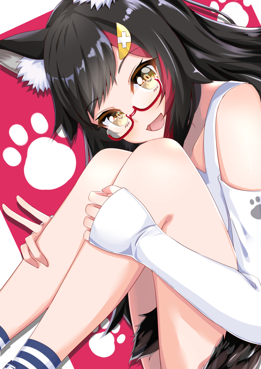 1girl absurdres alternate_costume animal_ear_fluff animal_ears black_hair borumete glasses hair_ornament hairclip hand_on_leg highres hololive leg_hug long_hair long_sleeves looking_at_viewer ookami_mio open_mouth paw_print_pattern red-framed_eyewear sitting solo tail tongue virtual_youtuber white_sleeves wolf_ears wolf_girl wolf_tail yellow_eyes