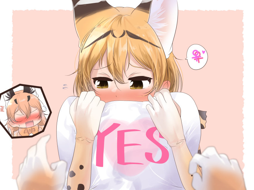 /\/\/\ 2girls absurdres amemiya_neru animal_ear_fluff animal_ears bangs blonde_hair blurry_foreground blush bow bowtie caracal_(kemono_friends) caracal_ears cut-in elbow_gloves embarrassed extra_ears female_pov flying_sweatdrops gloves hair_between_eyes highres holding holding_pillow interlocked_venus_symbols kemono_friends looking_away multiple_girls nose_blush pillow pink_background pov pov_hands print_gloves serval_(kemono_friends) serval_ears serval_print simple_background solo_focus spoken_venus_symbol venus_symbol yellow_eyes yes yes-no_pillow yuri