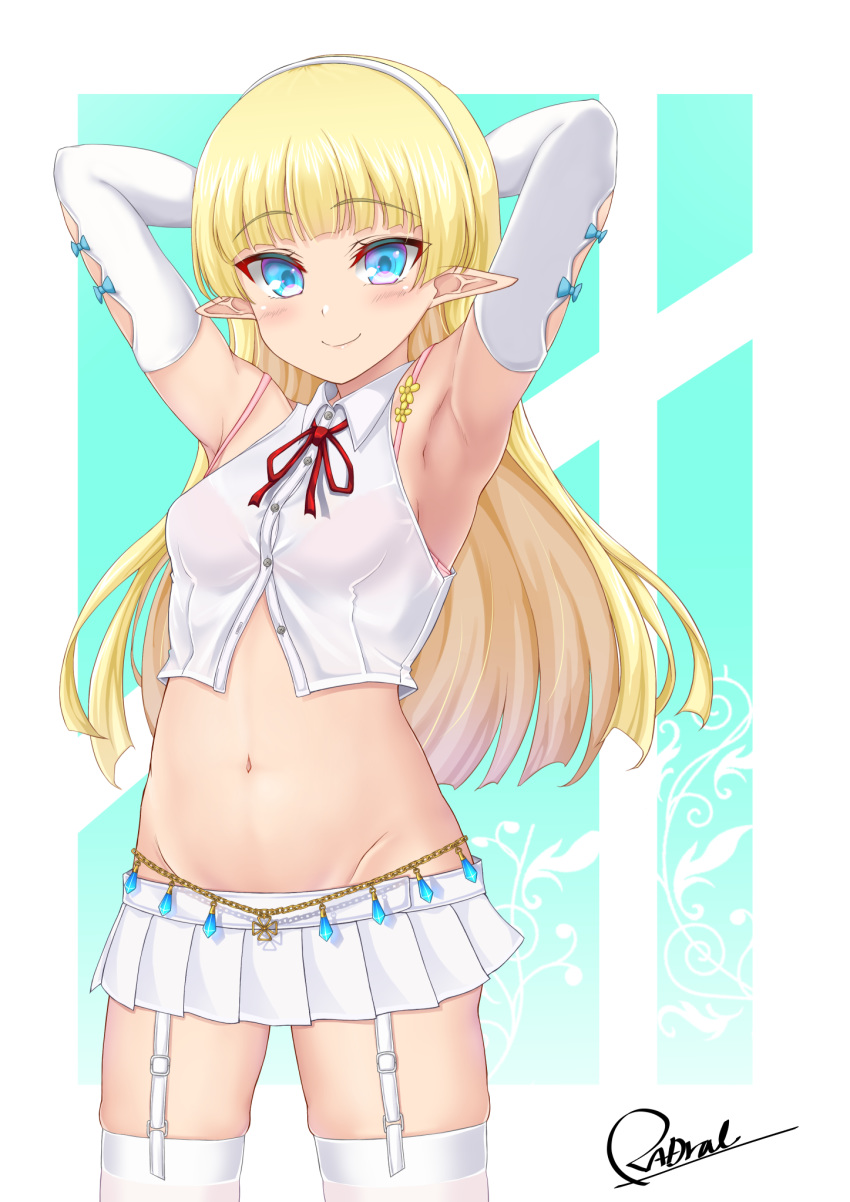 1girl armpits arms_behind_head arms_up bare_shoulders blonde_hair blue_eyes bra bra_strap bra_through_clothes breasts collared_shirt cowboy_shot crop_top dress_shirt elbow_gloves elf elf_no_radral garter_straps giisu gloves groin hairband highres long_hair looking_at_viewer medium_breasts midriff miniskirt navel neck_ribbon original partially_unbuttoned pink_bra pleated_skirt pointy_ears ribbon see-through shirt signature skindentation skirt sleeveless sleeveless_shirt smile solo standing stomach thigh-highs underwear white_gloves white_legwear white_shirt white_skirt zettai_ryouiki