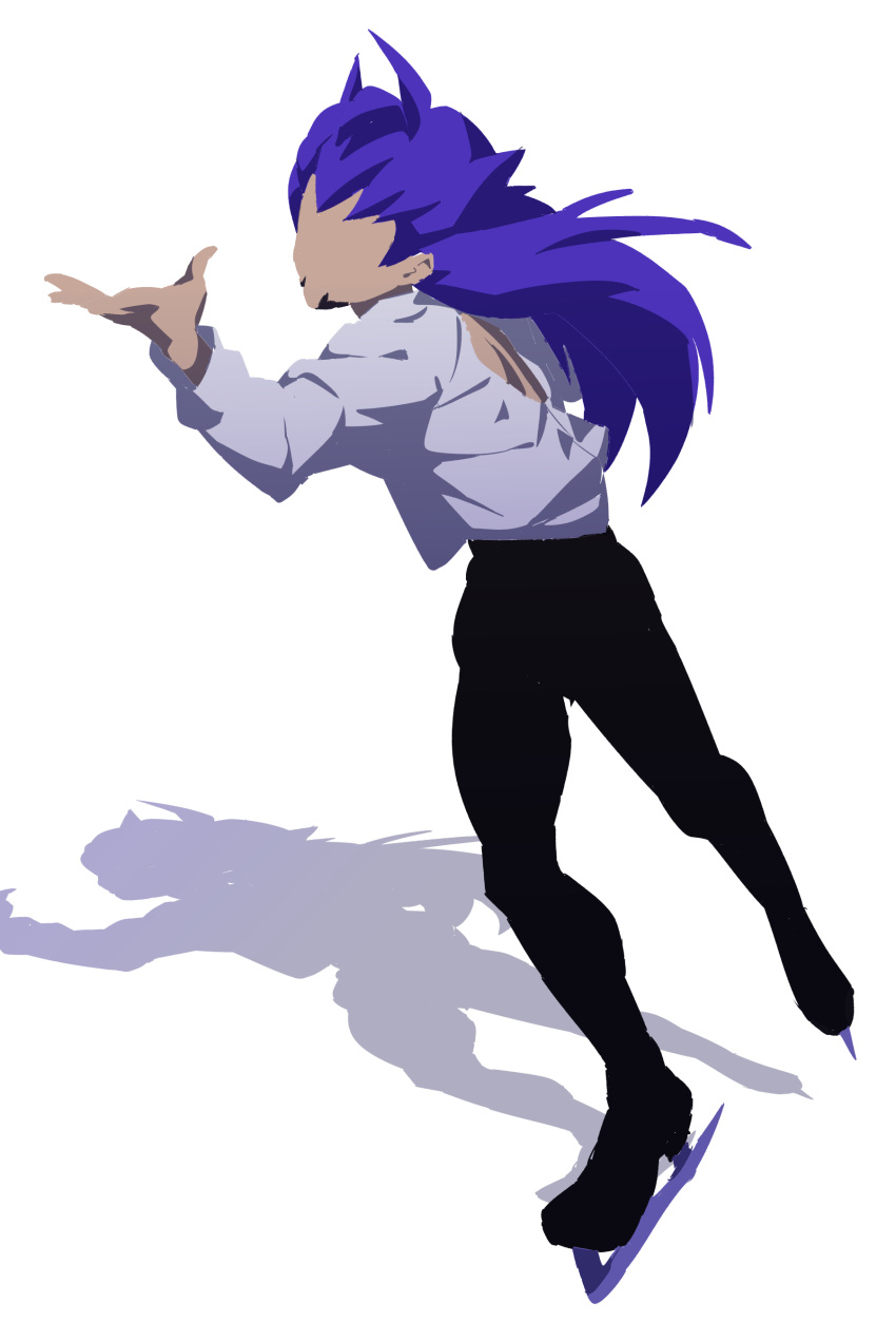 1boy absurdres backless_outfit black_pants dande_(pokemon) faceless faceless_male figure_skating grey_shirt highres ice_skates long_hair male_focus na1_pkmn pants pokemon pokemon_(game) pokemon_swsh purple_hair shadow shirt simple_background skates solo white_background