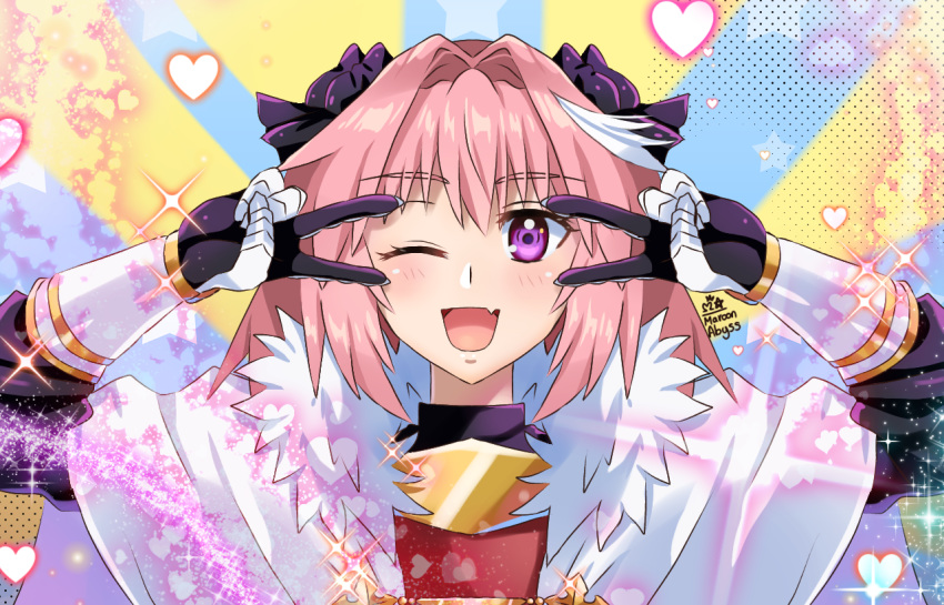 1boy astolfo_(fate) bangs black_bow black_gloves blue_background blush bow braid breastplate breasts cloak double_v emotional_engine_-_full_drive fang fate/apocrypha fate/grand_order fate_(series) fur-trimmed_cloak fur_trim gauntlets gloves hair_between_eyes hair_bow hair_intakes hands_up heart long_braid long_hair long_sleeves looking_at_viewer male_focus maroonabyss multicolored_hair one_eye_closed open_mouth otoko_no_ko parody pink_hair single_braid skin_fang smile solo sparkle streaked_hair striped striped_background v violet_eyes white_cloak white_hair yellow_background