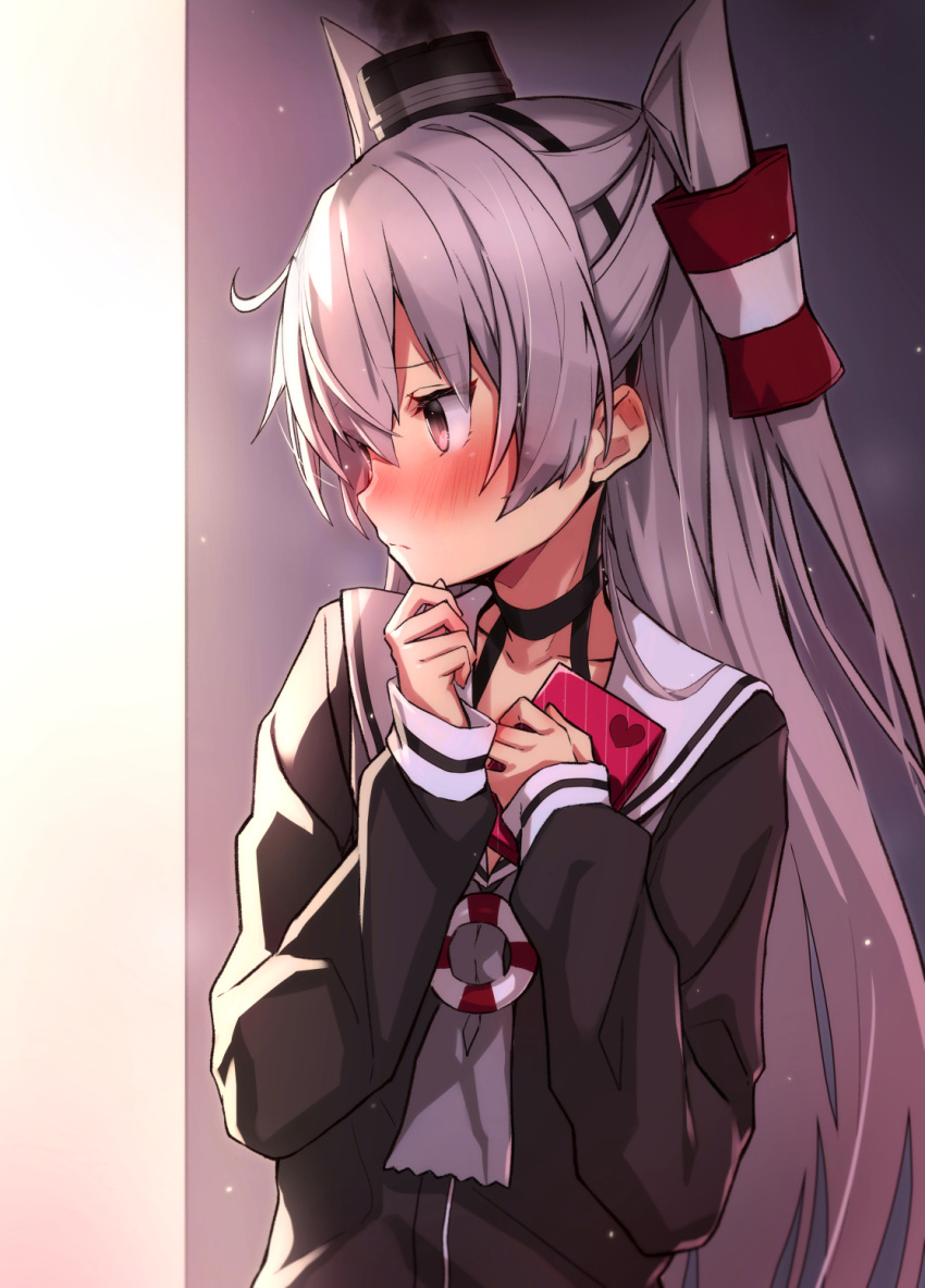 1girl amatsukaze_(kantai_collection) black_dress blush box brown_eyes commentary_request dress eyebrows_visible_through_hair gift gift_box hair_between_eyes hair_tubes heart highres holding holding_gift kantai_collection lifebuoy long_hair long_sleeves revision sailor_collar sailor_dress silver_hair solo takanashi_kei_(hitsujikan) two_side_up upper_body valentine white_sailor_collar windsock