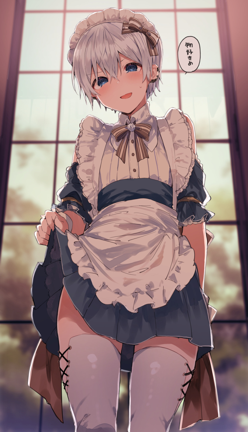 1boy apron arm_behind_back bangs blue_eyes blue_skirt blurry blurry_background blush bow bowtie brown_bow collared_shirt commentary_request detached_sleeves ear_piercing earrings eyebrows_visible_through_hair frilled_apron frills hair_bow highres ikeuchi_tanuma indoors jewelry lifted_by_self looking_at_viewer maid maid_headdress male_focus open_mouth original otoko_no_ko piercing pleated_skirt shirt silver_hair skirt skirt_lift solo speech_bubble striped striped_neckwear thigh-highs translation_request waist_apron white_apron white_legwear white_shirt window