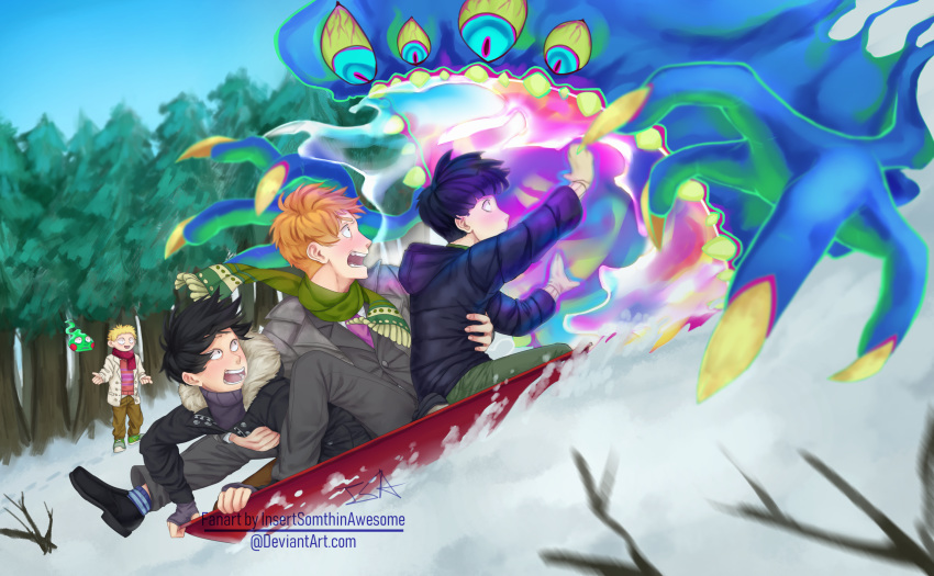 4boys artist_name black_footwear black_hair black_jacket blonde_hair blue_sky closed_mouth day ekubo_(mob_psycho_100) forest formal full_body fur_trim ghost green_pants green_scarf grey_pants hanazawa_teruki hand_on_another's_stomach highres insertsomthinawesome jacket kageyama_ritsu kageyama_shigeo long_sleeves looking_at_another looking_away looking_back male_focus mob_psycho_100 multiple_boys nature necktie open_clothes open_jacket open_mouth orange_hair outdoors pants pink_neckwear red_neckwear red_scarf reigen_arataka scared scarf short_hair signature sitting sky snow socks standing suit teeth tree watermark web_address white_jacket winter winter_clothes