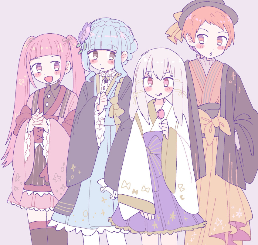 4girls :q alternate_costume blue_hair braid brown_eyes candy closed_mouth crown_braid fire_emblem fire_emblem:_three_houses flower food grey_background hair_flower hair_ornament hat highres hilda_valentine_goneril holding japanese_clothes kimono leonie_pinelli lollipop long_hair long_sleeves lysithea_von_ordelia marianne_von_edmund multiple_girls obi open_mouth pink_eyes pink_hair redhead remoooon sash short_hair simple_background tongue tongue_out twintails white_hair wide_sleeves