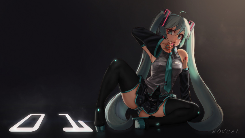 1girl ahoge aqua_eyes aqua_hair aqua_neckwear artist_name black_footwear black_sleeves boots detached_sleeves grey_shirt hatsune_miku headset high_heels highres long_hair looking_at_viewer nail_polish necktie novcel number_tattoo panties pantyshot pantyshot_(sitting) platform_footwear shirt shoulder_tattoo sitting skirt sleeveless sleeveless_shirt solo striped striped_panties tattoo thigh-highs thigh_boots twintails underwear very_long_hair vocaloid