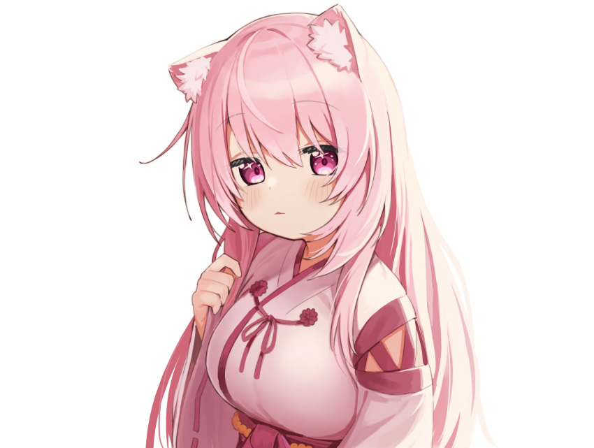 1girl animal_ear_fluff animal_ears bangs blush breasts cat_ears closed_mouth commentary_request eyebrows_visible_through_hair hair_between_eyes hakama hand_up highres japanese_clothes kemonomimi_mode kimono large_breasts long_hair long_sleeves miko nijisanji pinching_sleeves pink_hair red_hakama ribbon-trimmed_sleeves ribbon_trim seramikku shiina_yuika simple_background sleeves_past_wrists solo upper_body very_long_hair violet_eyes virtual_youtuber white_background white_kimono wide_sleeves