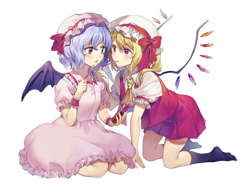 2girls ascot bangs bat_wings black_legwear blonde_hair blue_hair blush bow crystal dress eye_contact eyebrows_visible_through_hair flandre_scarlet food food_in_mouth frilled_shirt_collar frills hair_between_eyes hand_on_another's_shoulder hand_up hat hat_bow hat_ribbon highres holding holding_food incest kneehighs kneeling long_hair looking_at_another miniskirt misha_(hoongju) mob_cap mouth_hold multiple_girls one_side_up parted_lips pink_dress pink_headwear pleated_skirt pocky puffy_short_sleeves puffy_sleeves red_bow red_eyes red_ribbon red_skirt red_vest remilia_scarlet ribbon seiza short_hair short_sleeves siblings simple_background sisters sitting skirt skirt_set touhou vest white_background white_headwear wings wrist_cuffs yellow_neckwear yuri
