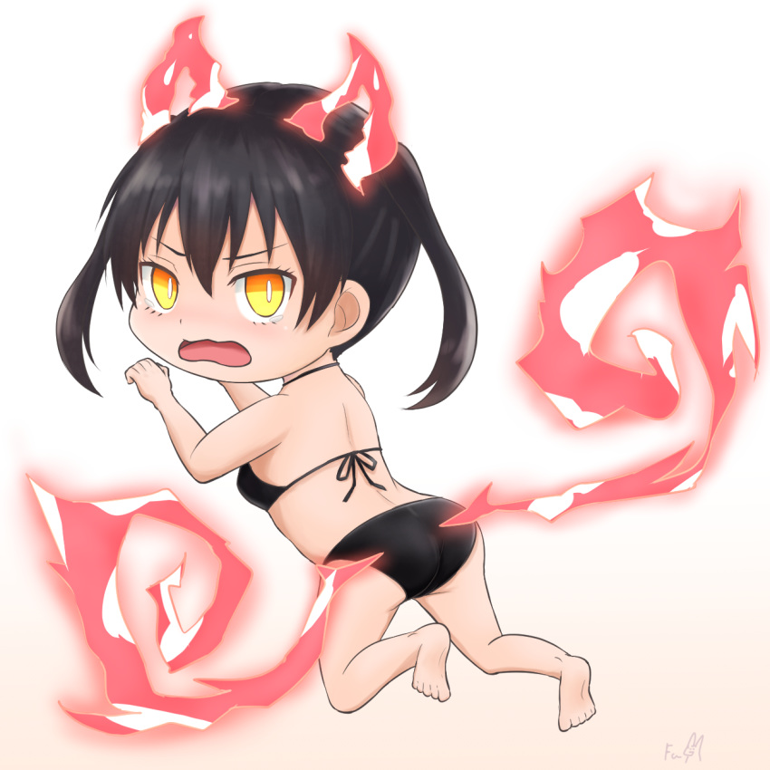 1girl ass back bangs barefoot beige_background bikini black_bikini black_hair blush breasts chibi claw_pose en'en_no_shouboutai eyebrows_behind_hair facing_viewer fiery_ears fiery_tail fire from_behind fujito_(call_f_) full_body gradient gradient_background hair_between_eyes highres looking_at_viewer medium_breasts midriff no_jacket no_pants no_shoes open_mouth outline sidelocks signature simple_background solo swimsuit tail tamaki_kotatsu tears twintails wavy_mouth white_background yellow_eyes