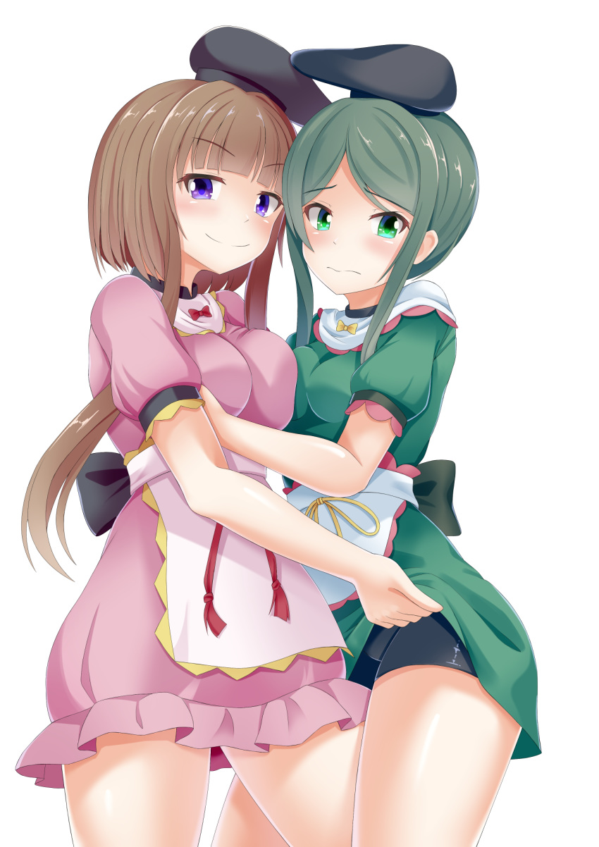 2girls apron asymmetrical_docking bangs bike_shorts blunt_bangs blush breast_hold breast_press breasts brown_hair cowboy_shot dekaraitaa dress dress_lift embarrassed eyebrows_visible_through_hair green_dress green_eyes green_hair grimace hat head_to_head highres large_breasts lifted_by_another looking_at_viewer medium_breasts multiple_girls nishida_satono parted_bangs pink_dress puffy_short_sleeves puffy_sleeves short_dress short_hair_with_long_locks short_sleeves sidelocks simple_background smile standing tate_eboshi teireida_mai touhou violet_eyes waist_apron white_background yuri