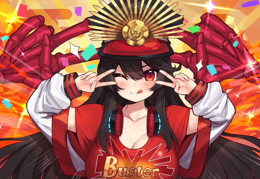 1girl alternate_breast_size bangs black_hair blush breasts buster_shirt closed_mouth confetti double_v egasumi emotional_engine_-_full_drive family_crest fate/grand_order fate_(series) hands_up hat headphones headphones_around_neck highres jacket k_jin large_breasts letterman_jacket licking_lips long_hair long_sleeves looking_at_viewer oda_nobunaga_(fate)_(all) oda_nobunaga_(swimsuit_berserker)_(fate) oda_uri off_shoulder one_eye_closed open_clothes open_jacket parody peaked_cap red_eyes red_shirt shirt skeleton smile solo sparkle tongue tongue_out v