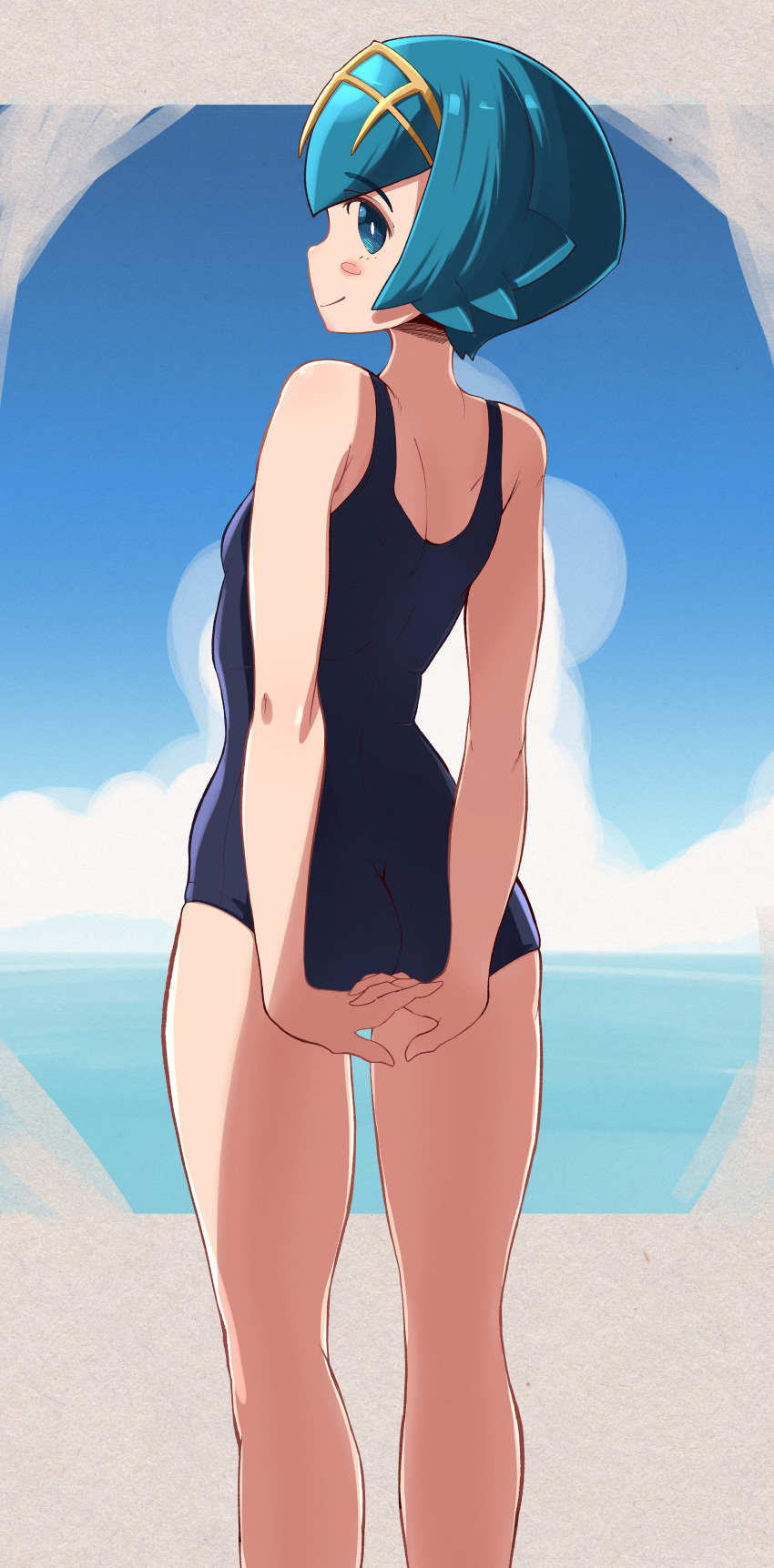 1girl absurdres arms_behind_back ass back bangs blue_eyes blue_hair blue_swimsuit blush breasts clouds eyebrows_visible_through_hair from_behind hairband highres huge_filesize looking_at_viewer looking_back melonyogurt ocean one-piece_swimsuit pokemon pokemon_(game) pokemon_sm school_swimsuit short_hair small_breasts smile solo suiren_(pokemon) swimsuit trial_captain