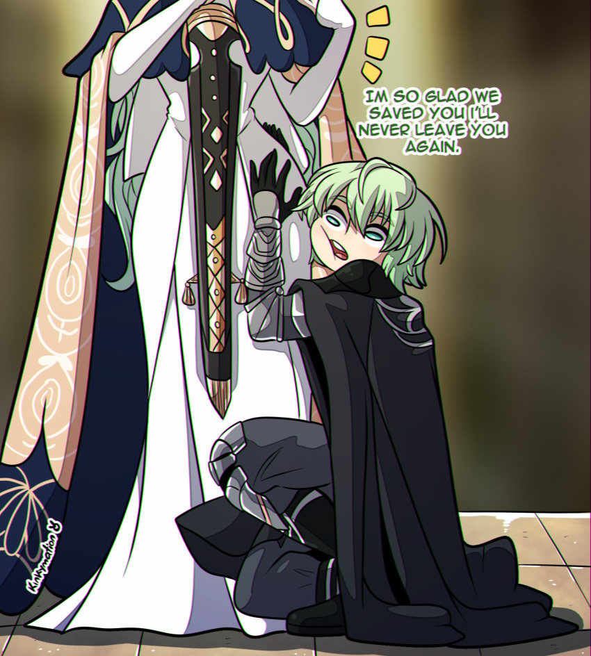 1boy 1girl armor artist_name black_gloves byleth_(fire_emblem) byleth_eisner_(male) dress english_text fire_emblem fire_emblem:_three_houses from_side gloves green_hair highres kinkymation long_hair long_sleeves looking_to_the_side open_mouth rhea_(fire_emblem) short_hair squatting