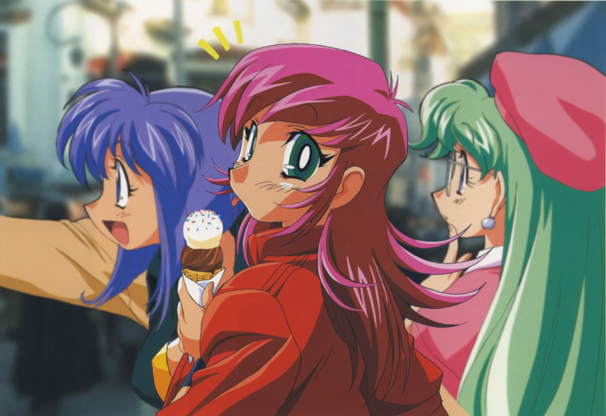 /\/\/\ 3girls aqua_eyes blue_eyes blue_hair blurry blurry_background double_scoop earrings food green_hair hat holding holding_food ice_cream ice_cream_cone jacket jewelry kimura_takahiro lilia_milcrabe long_hair looking_at_viewer multiple_girls official_art open_mouth outstretched_arm photo_background pink_hair profile raika_grace red_jacket seela_mcclegg short_hair upper_body viper viper_f40 waffle_cone wristband