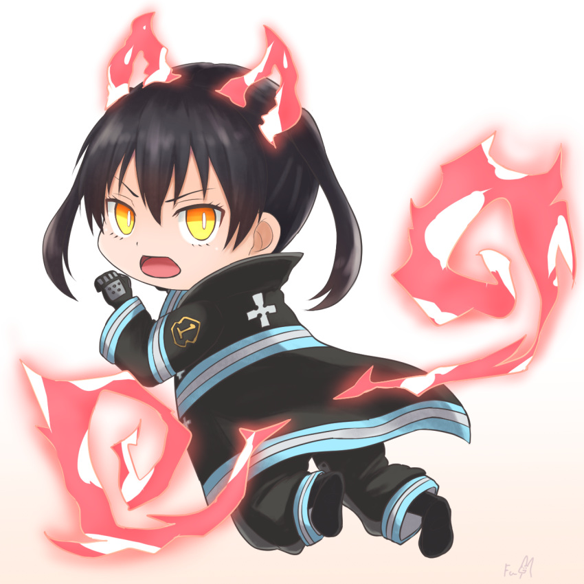 1girl baggy_pants bangs beige_background black_coat black_footwear black_gloves black_hair black_pants boots chibi claw_pose coat commentary_request en'en_no_shouboutai eyebrows_behind_hair facing_viewer fiery_ears fiery_tail fire from_behind fujito_(call_f_) full_body gloves gradient gradient_background highres long_sleeves open_clothes open_coat open_mouth outline pants sidelocks signature simple_background solo tail tamaki_kotatsu twintails white_background yellow_eyes