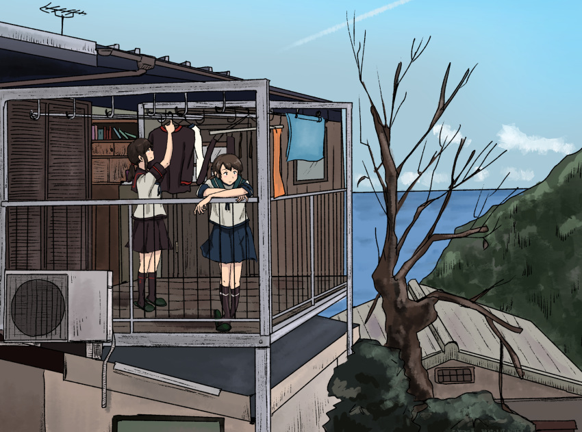 1girl air_conditioner balcony bangs black_hair black_legwear black_sailor_collar blue_sailor_collar blue_skirt blue_sky brown_eyes brown_hair clouds day fubuki_(kantai_collection) highres house kantai_collection kneehighs kuragare laundry low_ponytail low_twintails outdoors parted_bangs pleated_skirt ponytail remodel_(kantai_collection) sailor_collar scenery school_uniform serafuku shirayuki_(kantai_collection) short_ponytail short_twintails sidelocks skirt sky slippers solo standing tree twintails