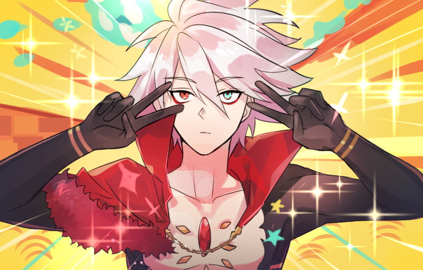 1boy bangs black_bodysuit blue_eyes bodysuit center_opening chain chest_jewel closed_mouth double_v emotional_engine_-_full_drive eyeshadow fate/apocrypha fate/grand_order fate_(series) hair_between_eyes hands_up heterochromia karna_(fate) makeup male_focus parody popped_collar red_eyes red_eyeshadow sagta_panggang short_hair silver_hair solo sparkle star v white_hair yellow_background