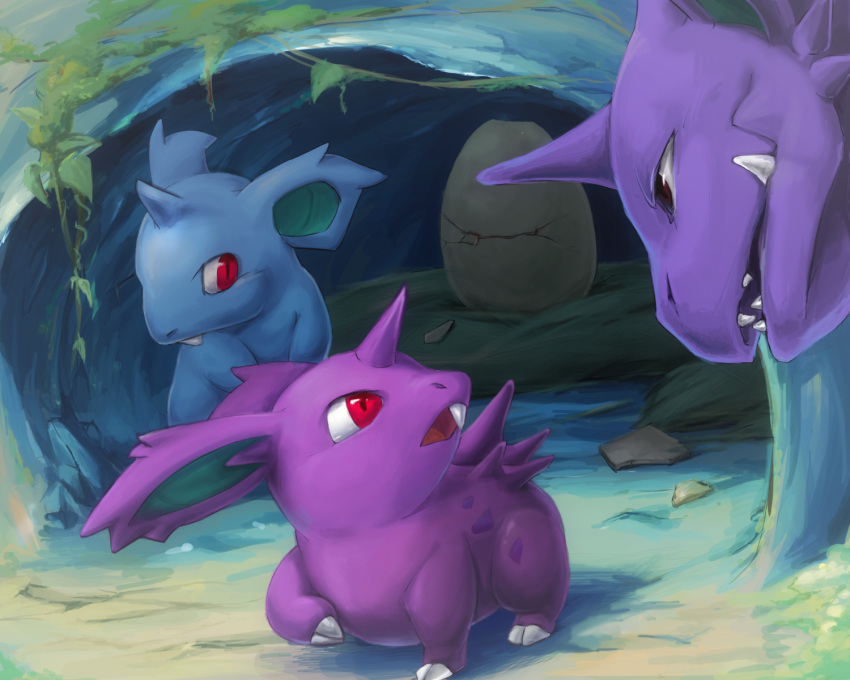 brown_eyes commentary_request creature egg eye_contact eyes fangs gen_1_pokemon highres looking_at_another looking_down looking_up nidoking nidoran nidoran_(female) nidoran_(male) no_humans pokemon pokemon_(creature) polyacryla red_eyes size_difference