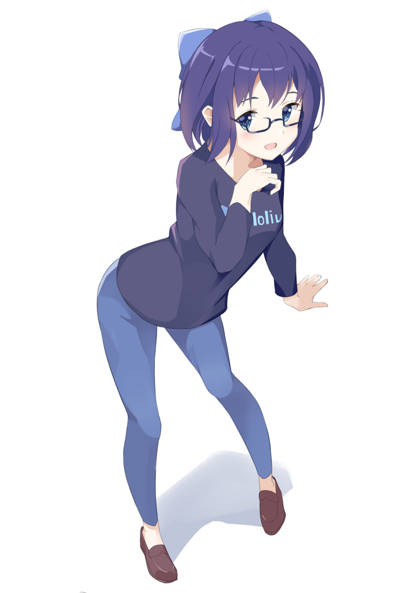 1girl black-framed_eyewear blue_eyes blue_hair blue_pants brown_footwear copyright_name dchifta full_body glasses hair_ornament highres hololive long_sleeves open_mouth pants shadow shirt shoes solo tokino_sora_channel virtual_youtuber white_background yuujin_a_(tokino_sora_channel)