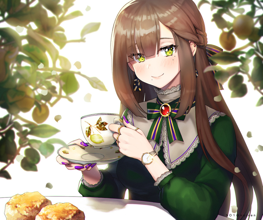 1girl artist_name bangs blush braid breasts brown_hair closed_mouth commentary_request cup dress ear_piercing eyebrows_visible_through_hair fingernails food fruit gem glint green_dress green_eyes green_ribbon holding holding_cup jewelry leaf lemon long_fingernails long_hair medium_breasts mole mole_under_eye mole_under_mouth nail_polish neck_ribbon noixen original piercing plant purple_nails ribbon ring ruby_(gemstone) saucer smile solo striped striped_neckwear striped_ribbon table teacup upper_body very_long_hair watch watch