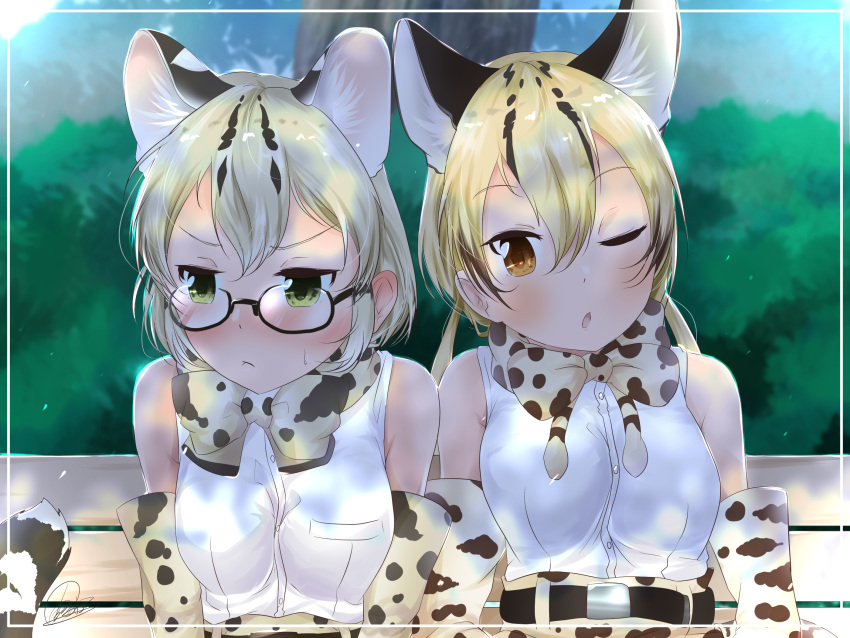 2girls :&lt; ;o amemiya_neru animal_ear_fluff animal_ears bangs bare_shoulders belt bench black-framed_eyewear blonde_hair blush bow bowtie brown_eyes cat_ears cat_tail day elbow_gloves extra_ears glasses gloves green_eyes hair_between_eyes high-waist_skirt highres kemono_friends margay_(kemono_friends) margay_print multiple_girls ocelot_(kemono_friends) ocelot_ears one_eye_closed outdoors print_neckwear print_skirt shirt short_hair signature sitting skirt sleeveless sleeveless_shirt tail upper_body white_shirt