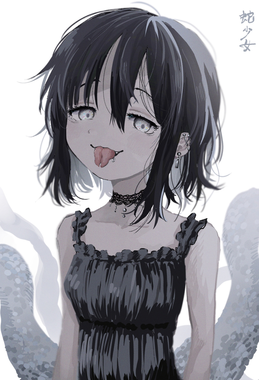 1girl animal bare_shoulders black_choker black_dress black_hair black_snake choker dress ear_piercing earrings fang forked_tongue frilled_dress frills grey_eyes hair_between_eyes highres jewelry lip_piercing looking_at_viewer medium_hair mohato_official original parted_lips piercing scales slit_pupils smile snake solo tongue tongue_out
