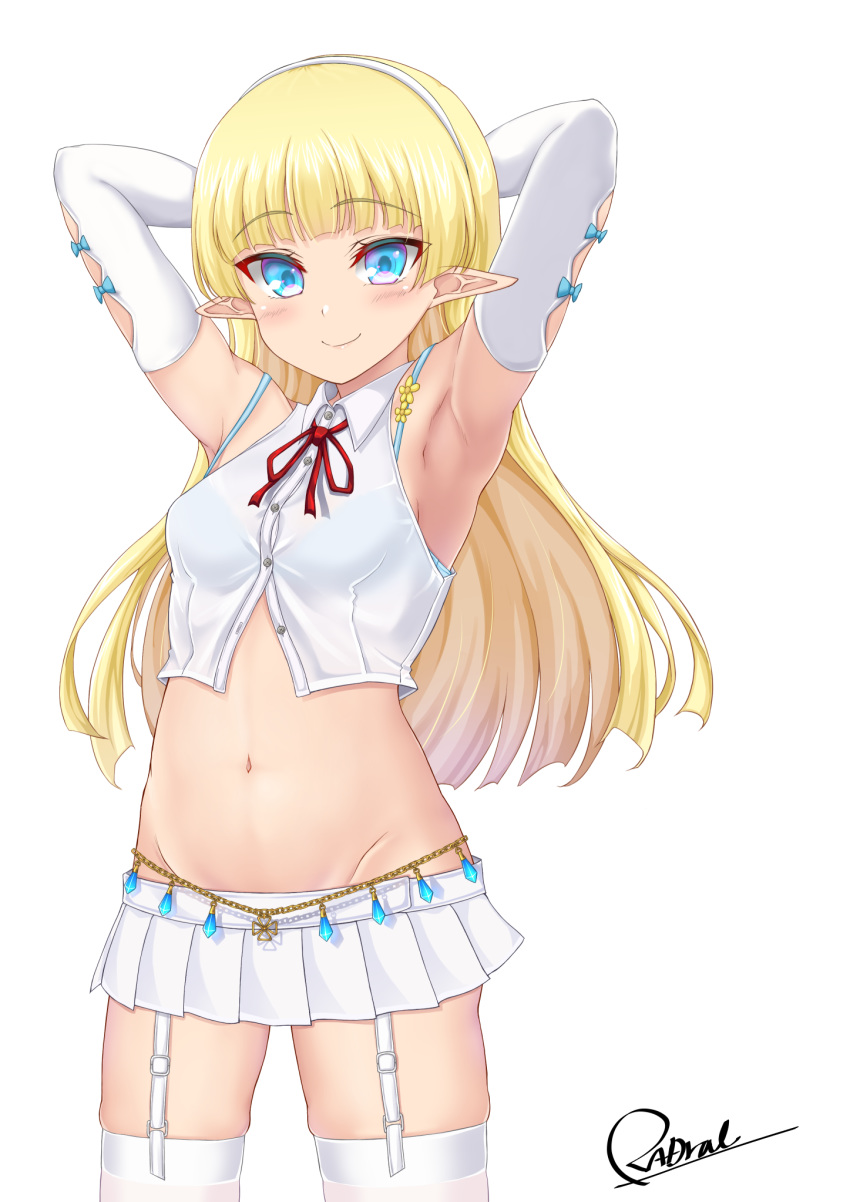 1girl armpits arms_behind_head arms_up bare_shoulders blonde_hair blue_bra blue_eyes bra bra_strap bra_through_clothes breasts collared_shirt cowboy_shot crop_top dress_shirt elbow_gloves elf elf_no_radral garter_straps giisu gloves groin hairband highres long_hair looking_at_viewer medium_breasts midriff miniskirt navel neck_ribbon original partially_unbuttoned pleated_skirt pointy_ears ribbon shirt signature skindentation skirt sleeveless sleeveless_shirt smile solo standing stomach thigh-highs underwear white_gloves white_legwear white_shirt white_skirt zettai_ryouiki