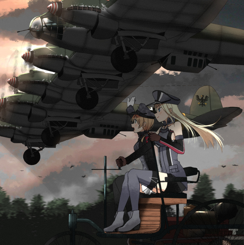 2girls aircraft anchor annin_musou bangs bird bismarck_(kantai_collection) blonde_hair blue_eyes blush breasts brown_gloves clouds elbow_gloves fairy_(kantai_collection) gloves hat he_111z highres iron_cross kantai_collection long_hair long_sleeves military military_uniform multiple_girls open_mouth outdoors peaked_cap pleated_skirt prinz_eugen_(kantai_collection) sitting skirt sleeveless smile thigh-highs tree twintails uniform white_gloves white_skirt