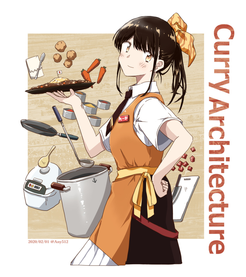 1girl any_(lucky_denver_mint) apron black_hair blush brown_eyes brown_neckwear brown_ribbon brown_skirt c2_kikan carrot collared_shirt commentary_request curry curry_rice cutting_board food from_side frying_pan hair_ribbon hand_on_hip head_tilt highres holding holding_plate japanese_flag knife looking_at_viewer looking_to_the_side name_tag necktie orange_apron plate ponytail pork pot re-ka-chan ribbon rice rice_cooker shirt sidelocks skirt smile solo white_shirt