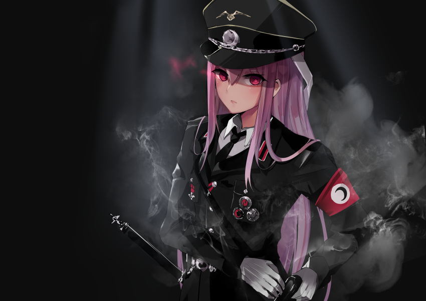 1girl absurdres alternate_costume animal_ears armband bangs black_background black_headwear black_jacket black_neckwear blush chinese_commentary commentary_request crescent dleung english_commentary gloves hair_between_eyes hat highres jacket light_rays long_hair long_sleeves looking_at_viewer mixed-language_commentary necktie peaked_cap pink_eyes purple_hair rabbit_ears reisen_udongein_inaba sidelocks smoke solo touhou upper_body white_gloves