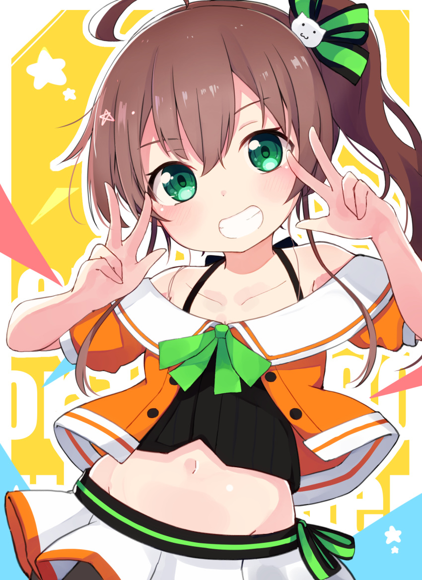 1girl ahoge bangs bare_shoulders black_camisole blush bow brown_hair cat_hair_ornament collarbone commentary_request crop_top double_w eyebrows_visible_through_hair green_bow green_eyes grin groin hair_between_eyes hair_ornament hands_up highres hololive jacket long_hair midriff natsuiro_matsuri navel off-shoulder_jacket okota_mikan orange_jacket pleated_skirt side_ponytail skirt smile solo star virtual_youtuber w white_skirt