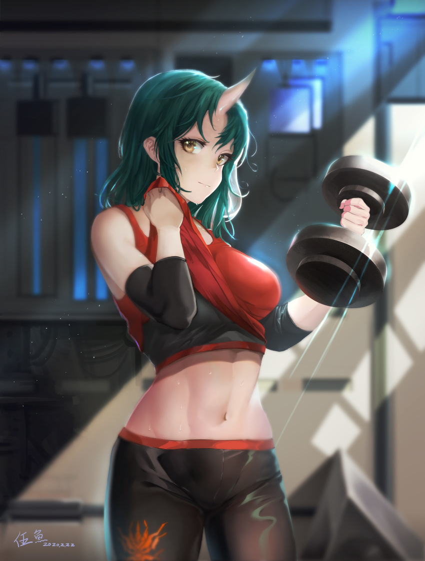 1girl absurdres arknights bangs bare_shoulders breasts closed_mouth cowboy_shot crop_top dumbbell elbow_pads green_hair gym hair_between_eyes highres horn hoshiguma_(arknights) indoors large_breasts light_particles long_hair looking_at_viewer luo_yu oni_horns pants sidelocks solo sports_bra sportswear sweat wiping_sweat