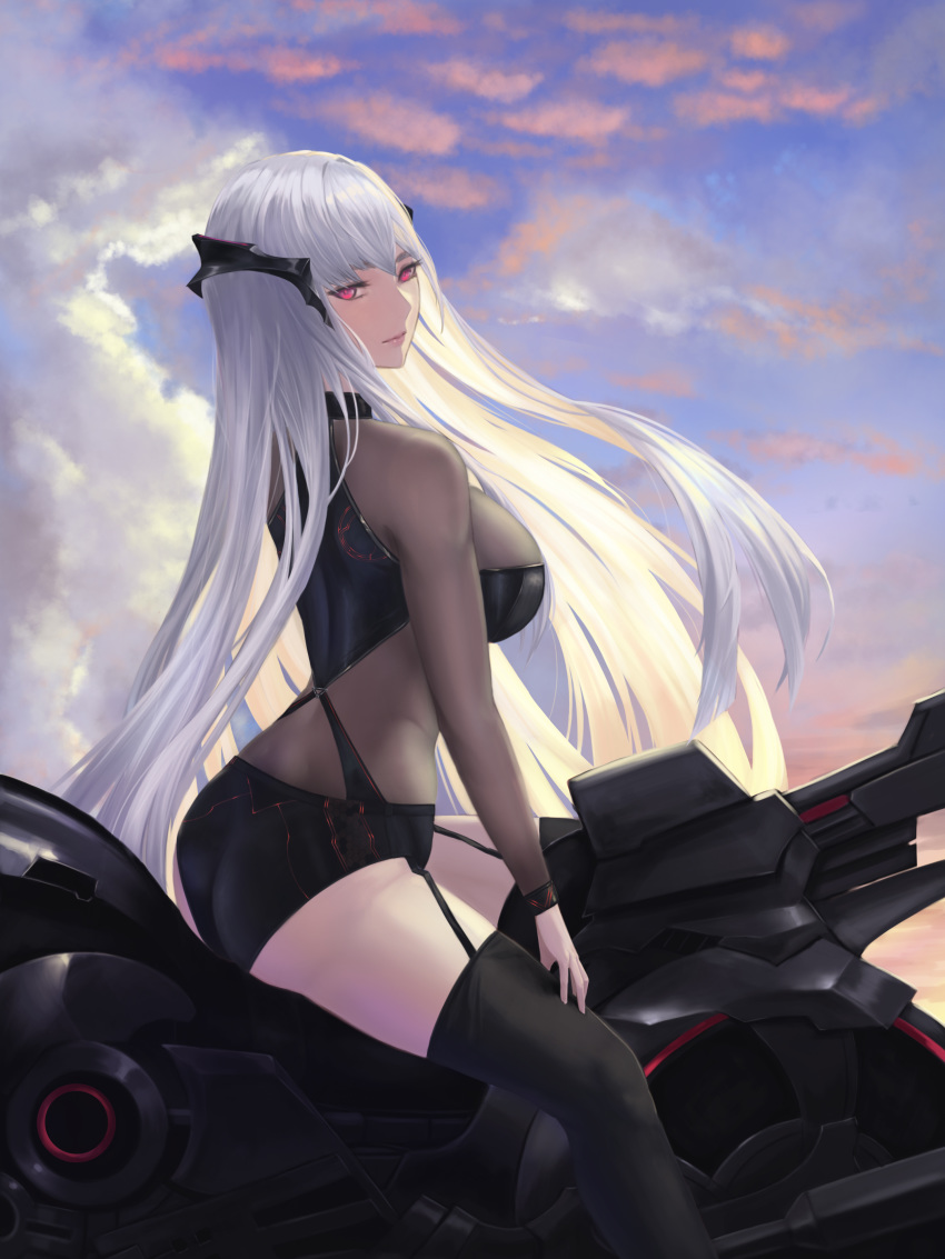 1girl absurdres beak_(girls_frontline) bike_shorts biker_clothes breasts girls_frontline ground_vehicle hairband highres long_hair looking_at_viewer motor_vehicle motorcycle red_eyes sangvis_ferri shorts silver_hair simple_background solo thigh-highs un_lim