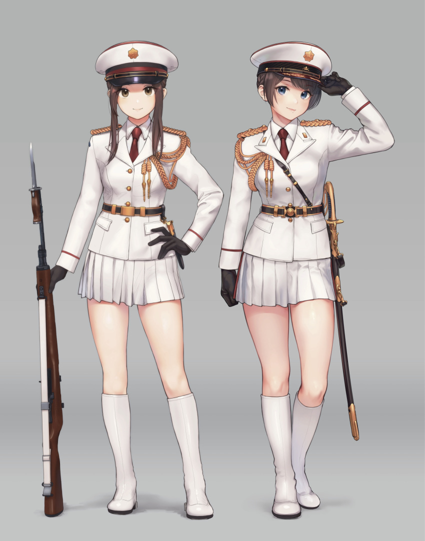2girls aiguillette arm_at_side bangs black_gloves blue_eyes blush boots braid brown_eyes brown_hair closed_mouth full_body genso gloves grey_background gun hand_on_headwear hand_on_hip hat highres holding holding_gun holding_weapon jacket knee_boots long_sleeves military military_jacket military_uniform miniskirt multiple_girls necktie original peaked_cap pink_lips pleated_skirt red_neckwear sheath sheathed sidelocks simple_background skirt smile standing swept_bangs sword uniform weapon weapon_request white_footwear white_headwear white_jacket white_skirt