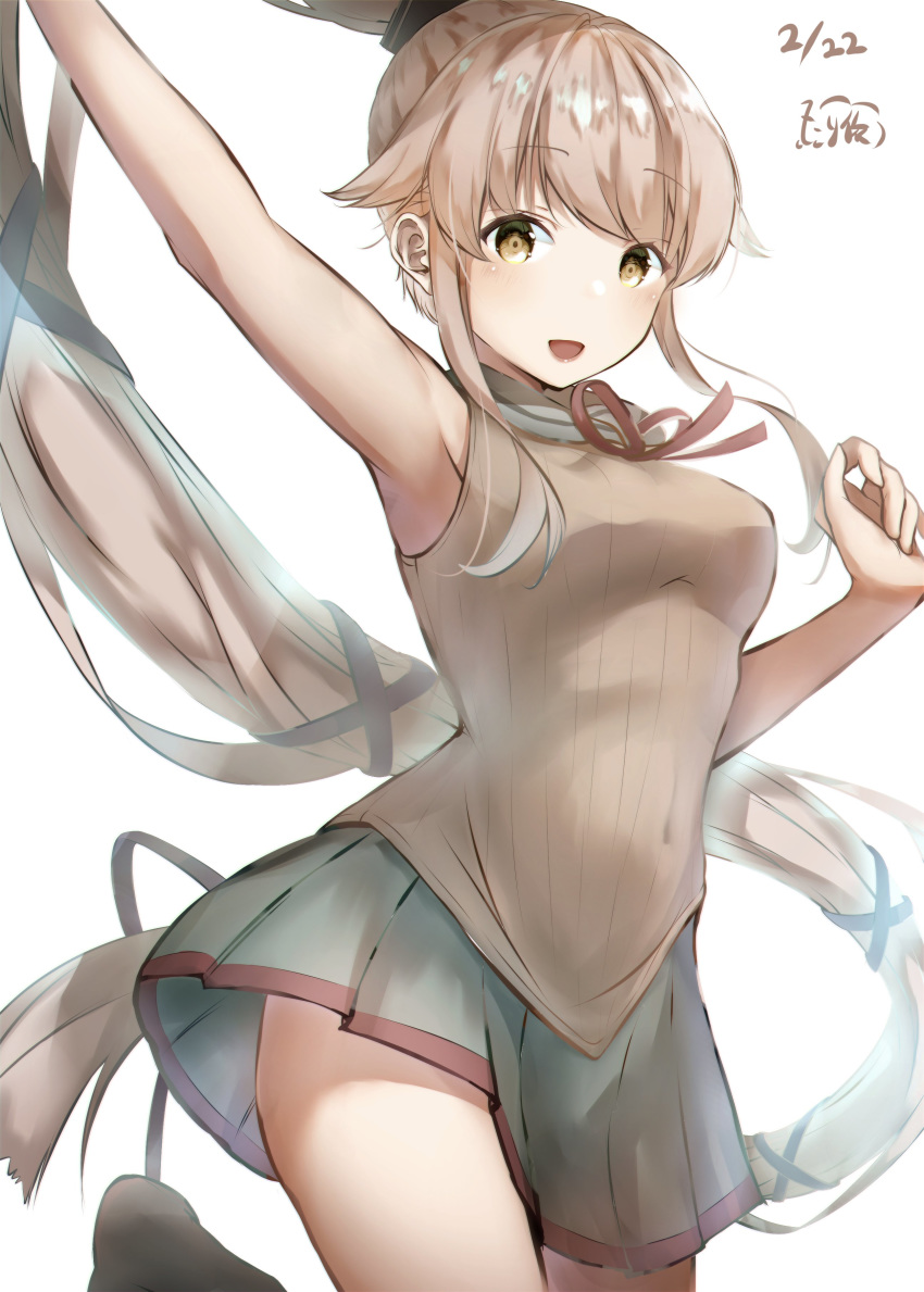 1girl absurdres armpits artist_logo beige_sweater commentary_request dated grey_sailor_collar grey_skirt hair_flaps hair_ribbon highres kantai_collection long_hair neck_ribbon pink_hair pleated_skirt ponytail red_ribbon remodel_(kantai_collection) ribbon sailor_collar school_uniform serafuku shanghmely skirt sleeveless_sweater solo very_long_hair white_background yura_(kantai_collection)