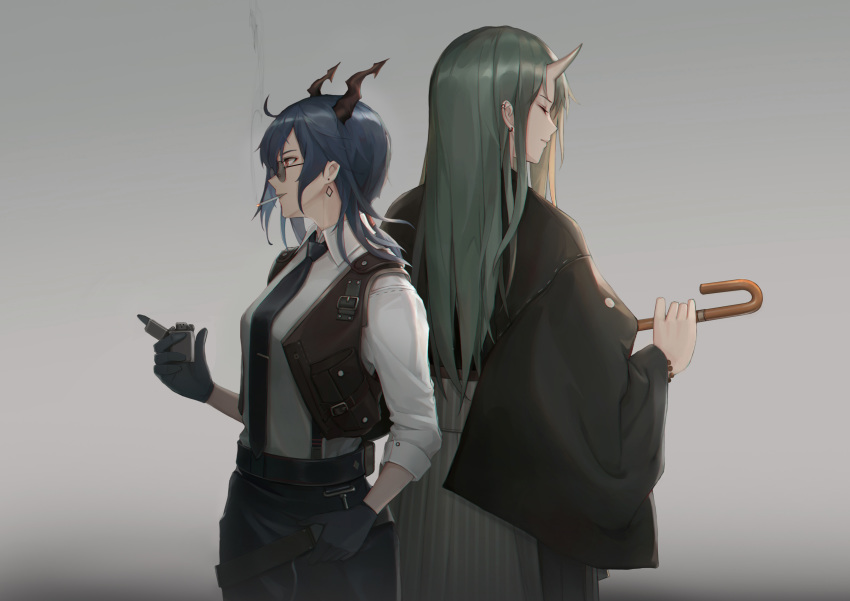 2girls absurdres arknights black_gloves black_jacket black_neckwear black_pants black_vest blue_hair breasts cane ch'en_(arknights) cjmy closed_eyes commentary_request cowboy_shot earrings gloves gradient gradient_background green_hair grey_background grey_skirt highres holding holding_cane horn horns hoshiguma_(arknights) jacket jewelry lighter long_hair long_sleeves medium_breasts mouth_hold multiple_girls necktie pants profile red_eyes shirt skirt smile smoke smoking standing vest white_shirt