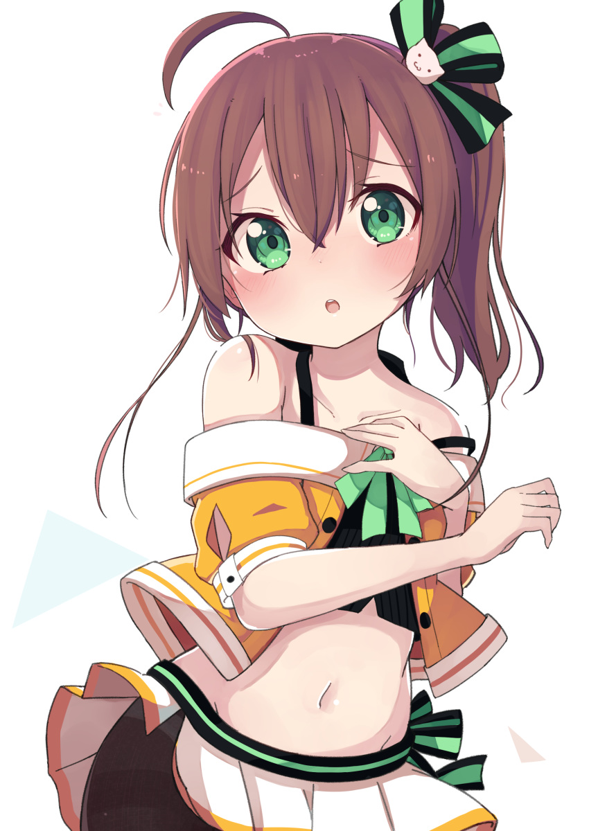 1girl :o absurdres ahoge bangs bare_shoulders black_camisole black_legwear blush bow brown_hair camisole cat_hair_ornament collarbone commentary_request crop_top eyebrows_visible_through_hair green_bow green_eyes groin hair_between_eyes hair_ornament highres hololive jacket long_hair looking_at_viewer midriff natsuiro_matsuri navel off-shoulder_jacket okota_mikan orange_jacket panties panties_under_pantyhose pantyhose parted_lips pleated_skirt puffy_short_sleeves puffy_sleeves short_sleeves side_ponytail skirt solo thighband_pantyhose underwear upper_teeth virtual_youtuber white_background white_panties white_skirt