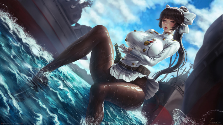1girl absurdres aiguillette animal_ears artist_name azur_lane bangs battleship belt belt_pouch black_footwear black_hair blue_sky blunt_bangs blush bow breasts brown_eyes brown_legwear clouds cloudy_sky crotch_seam day eyebrows_visible_through_hair gloves hair_bow hair_ears hair_flaps high_collar high_ponytail highres katana knee_up large_breasts lexaiduer lips loafers long_hair long_ponytail long_sleeves looking_at_viewer military military_uniform military_vehicle miniskirt outdoors paid_reward panties panties_under_pantyhose pantyhose parted_lips partially_submerged patreon_reward patreon_username pleated_skirt ponytail pouch ready_to_draw scabbard sheath sheathed ship shoes sidelocks sitting skin_tight skirt sky solo sword takao_(azur_lane) thighband_pantyhose underwear uniform utility_belt warship water watercraft watermark weapon web_address wet wet_clothes wet_pantyhose white_bow white_gloves white_skirt wind wind_lift