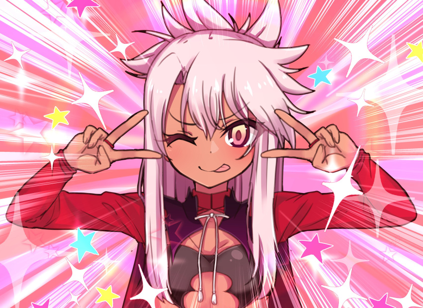 1girl absurdres bangs blush breastplate breasts capelet chawan_(yultutari) chloe_von_einzbern closed_mouth dark_skin double_v emotional_engine_-_full_drive fate/grand_order fate/kaleid_liner_prisma_illya fate_(series) hair_between_eyes hair_ornament hairpin half_updo hands_up highres long_hair long_sleeves looking_at_viewer one_eye_closed orange_eyes parody pink_background pink_hair red_capelet shrug_(clothing) sidelocks small_breasts smile solo sparkle star tongue tongue_out v