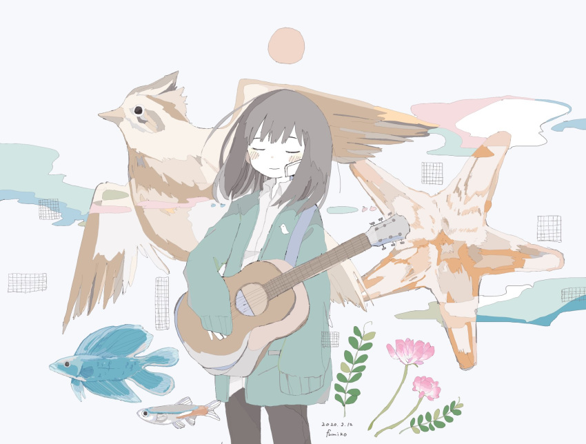 156m 1girl acoustic_guitar artist_name bandaid bandaid_on_face bird black_hair black_pants blush closed_eyes closed_mouth dated fish flower guitar highres instrument original pants sleeves_past_wrists solo standing starfish